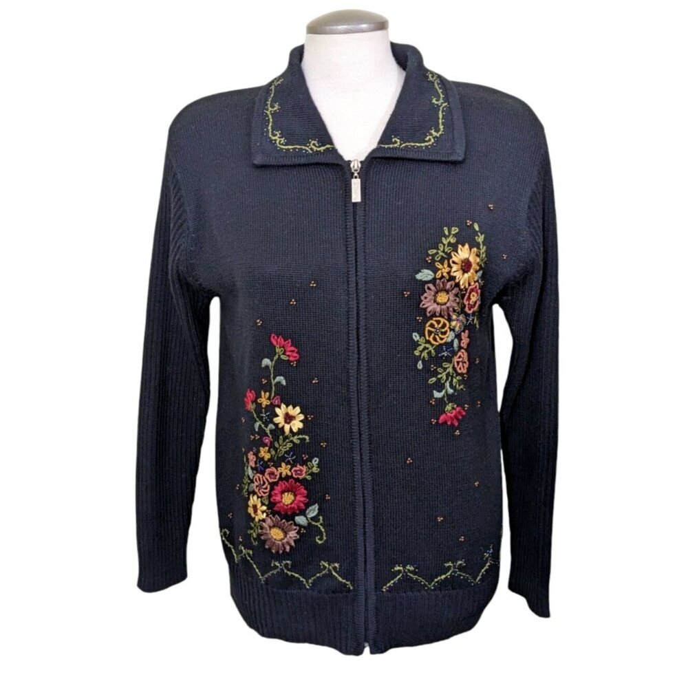 Embroidered Navy Zip-Front Women's Sweater